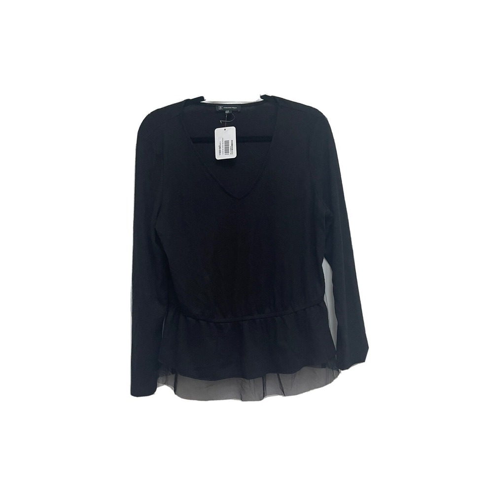 INC International Concepts Solid Peplum Blouse V Neck Stretch Black‎ Size L NWT